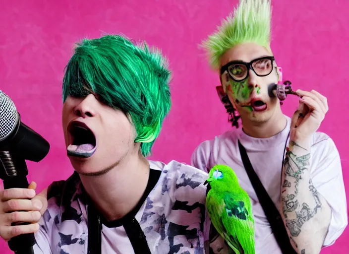 Image similar to a punk boy with pink hair and green lipstick singing karaoke with a pigeon on his shoulder