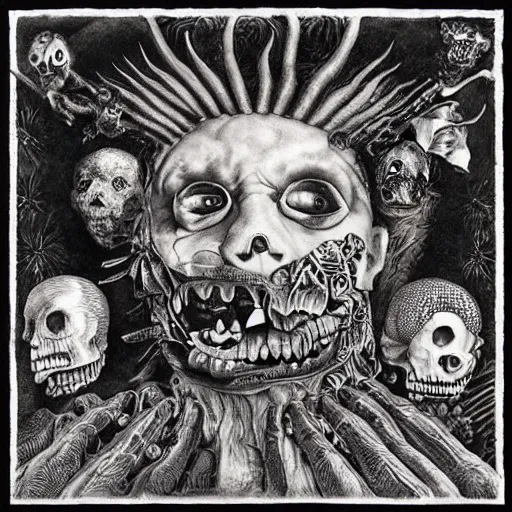 Prompt: punk album cover, psychedelic, black and white, giuseppe arcimboldo