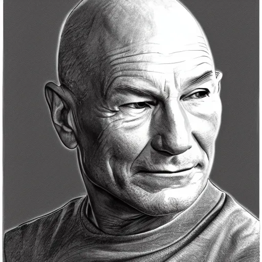 Prompt: hyperdetailed pencil drawing of Patrick Stewart, by Caravaggio