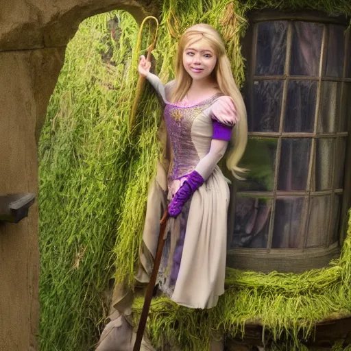 Image similar to Jennette McCurdy as Rapunzel in disney tangled live action, 8k full HD photo, cinematic lighting, anatomically correct, oscar award winning, action filled, correct eye placement,