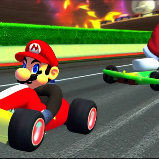 Image similar to Mario gets in a brutal accident in Mario Kart wii 4K detail