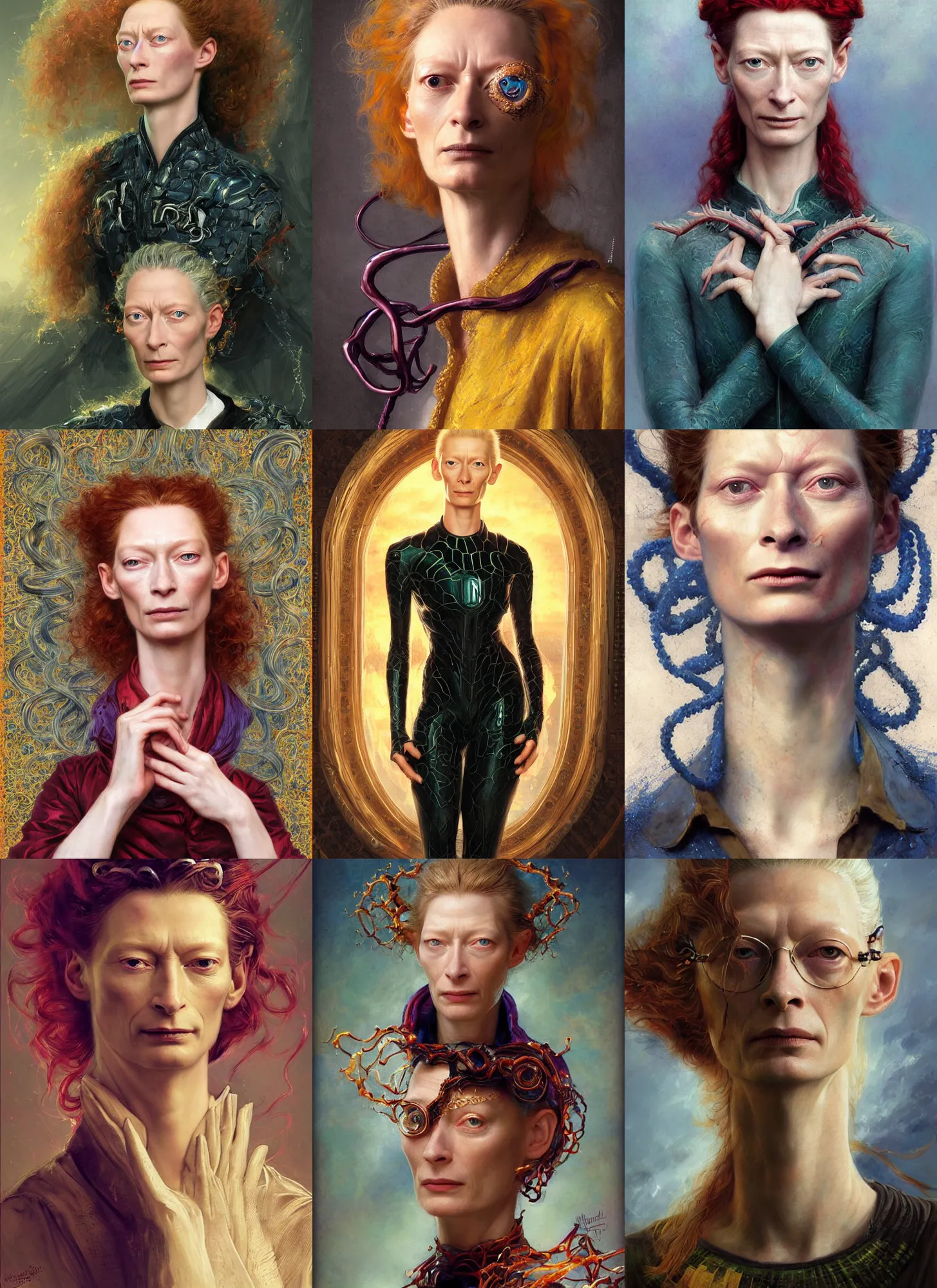 Prompt: portrait of beautiful young tilda swinton as doc ock from spiderman, digital art by eugene de blaas, ross tran, and nasreddine dinet, vibrant color scheme, intricately detailed, in the style of romanticism, cinematic, artstation, greg rutkowski