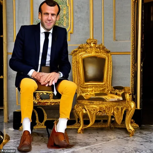 Image similar to emmanuel macron is sitting on the golden toilet, his trousers is down on his feet, detailed photography, 5 0 mm lens,