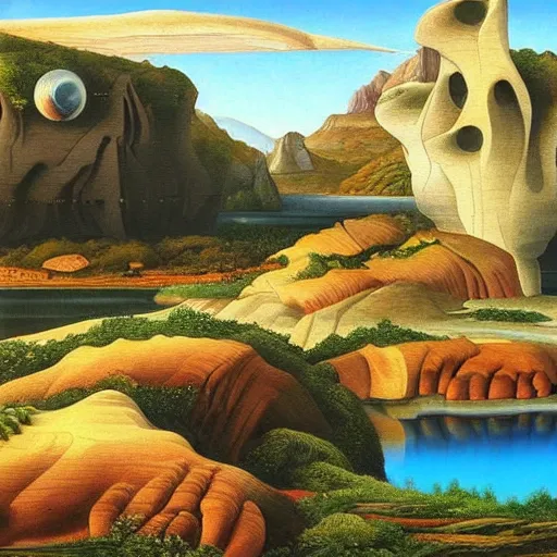 Image similar to painting of a lush natural scene on an alien planet by gerardo dottori. extremely detailed. futurism. beautiful landscape. weird vegetation. cliffs and water.