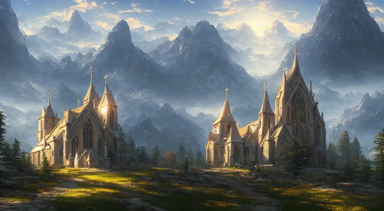 Prompt: Church at the foot of Mount Empire, by Makoto Shinkai and Thomas Kinkade, fantasy matte painting, trending on cgsociety and unreal engine，light effect，highly detailed，super wide angle，