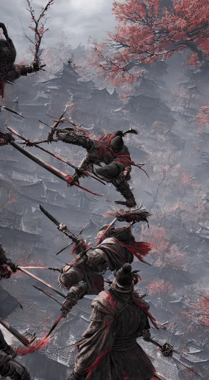 Prompt: sekiro in Bloodborne world, concept art, 8k