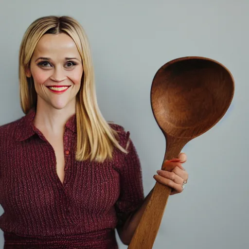 Image similar to reese witherspoon, holding a spoon, wooden spoon, cutlery, photography, smiling, portrait, soft focus