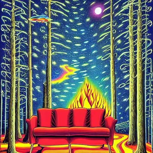 Prompt: psychedelic trippy fire pine forest, planets, milky way, sofa, cartoon by rob gonsalves