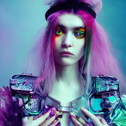 Prompt: Ethereal, mysterious stunning maximalist mesmerizing cyberpunk girl Grimes (Claire Boucher) from the rainbow sky paradise, high-tech, professional high fashion model photo shoot, hyperdetailed by Mark Ryden and artgerm and Hiroyuki-Mitsume Takahashi, 35mm macro shot, hyperrealism, 8k resolution 3D, cinematic, dynamic lighting, octane render, unreal engine 5