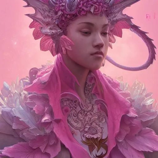 Image similar to pink flower dragon uwu, intricate, highly detailed, digital painting, artstation, concept art, smooth, sharp focus, illustration, Unreal Engine 5, 8K, art by artgerm and greg rutkowski and alphonse mucha