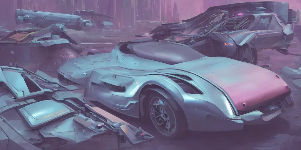 Prompt: Hard Surface Shape Form Exploration, Detailed, 8k, sci-fi, pastel colors, props, panel, concept, simon stalenhag ,syd mead, vehicle, speeder, parts,modular, insane detail, ash thorp, kyza, car, msucle cars , cyberpunk, collection, sports, exotic, legendary