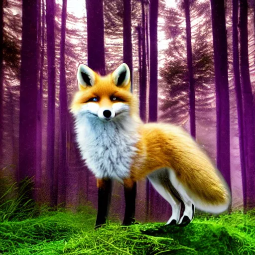 Prompt: a purple fox with a long fluffy and shiny coat sits in the forest on a ufo flying saucer. super realistic photo. clear details