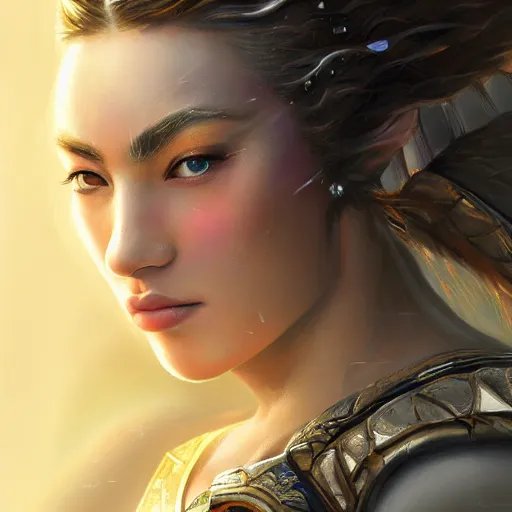 Image similar to A head and shoulders portrait of a mystical female warrior in shiny armorm in an enchanted zen garden, by Artgerm, sci-fi, fantasy, intricate, very very beautiful, elegant, highly detailed, digital painting, artstation, concept art, smooth, sharp focus, Cinematic Lighting, Unreal Engine, 8k, HD