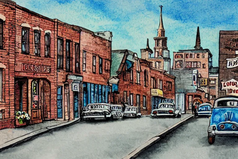 Image similar to a whimsical storybook illustration of a small town main street from the 1 9 5 0 s with a line of brick buildings with business signs over the doors and some late 1 9 5 0 s cars on the road in front of the buildings, lowbrow pop art style watercolor,