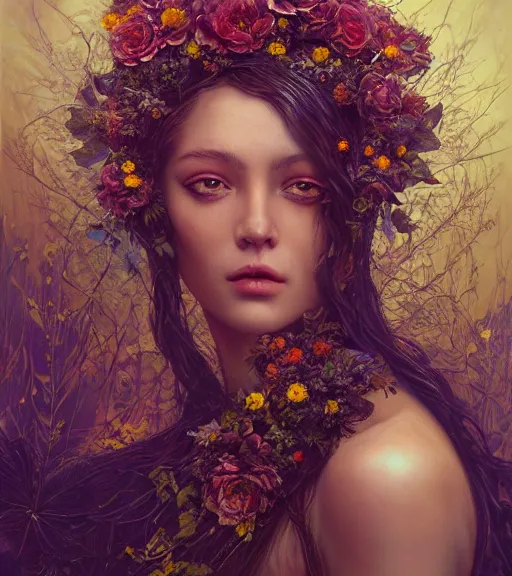 Image similar to portrait of the supreme queen of the dark cult, surrounded overgrowth and flowers 🍂 by karol bak, WLOP, James Jean, tom bagshaw, rococo, trending on artstation, fantasy magic fashion girl portrait, glossy eyes, face, fantasy, intricate, elegant, highly detailed, digital painting, concept art, smooth, sharp focus, illustration, cinematic lighting, hyper realism, octane render, 8k, hyper detailed.