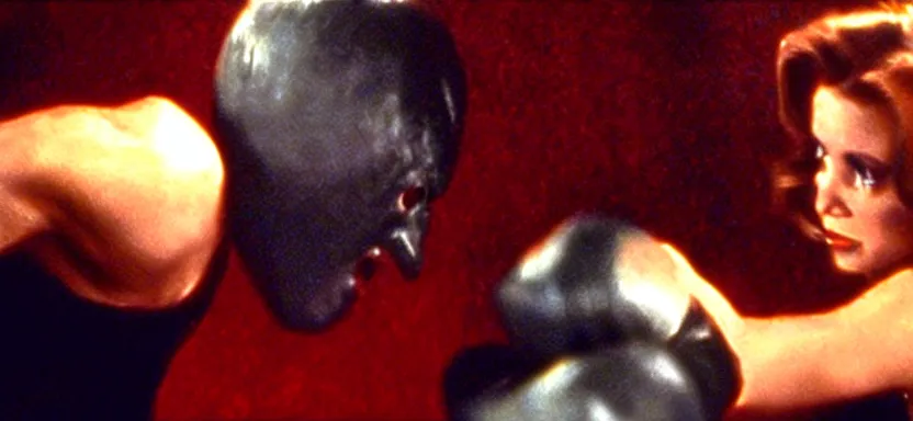 Image similar to a beautiful woman punching a monster in a film still from a roger corman film, hyperrealistic