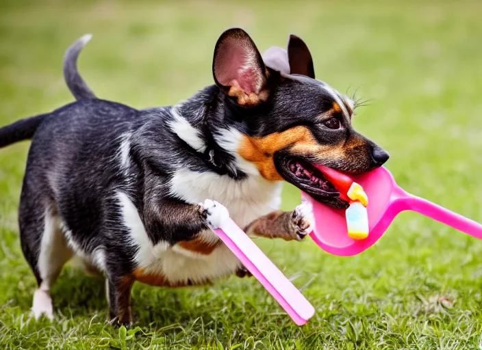 Image similar to photo still of a dog chasing a mouse while eating a popsicle, 8 k, 8 5 mm f 1. 8