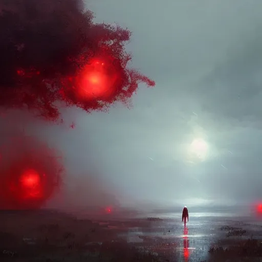 Prompt: A large sphere of red energy, mist, rain, distant, by greg rutkowski