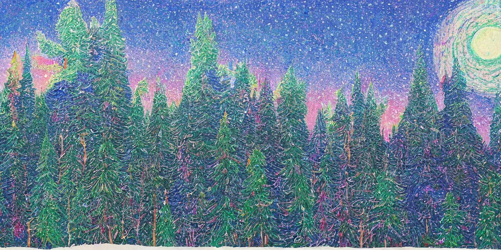 Prompt: 🌲🌌, pointalism, acrylic on canvas, expressionism movement, breathtaking detailed, by blake neubert