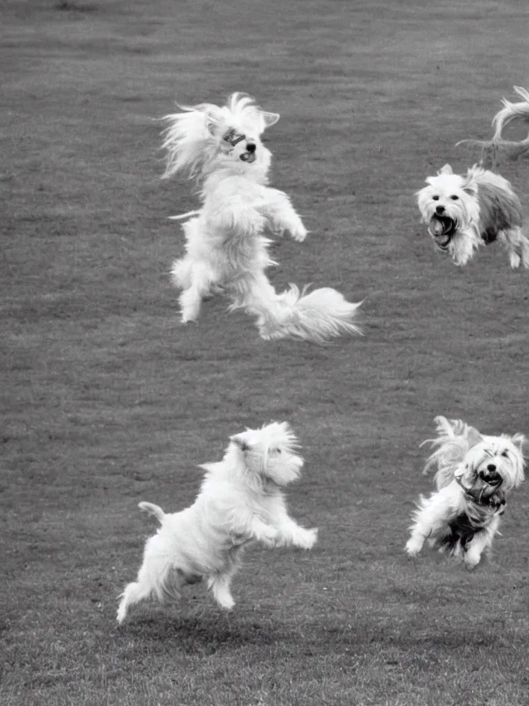 Image similar to a gray german spitz fights a white west highland terrier, disney style, 1 9 7 0 s