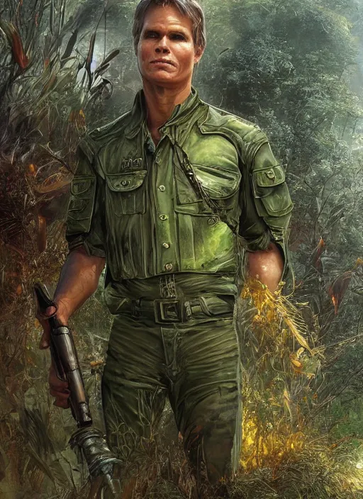 Image similar to portrait of a young richard dean anderson wearing a green combat uniform, in a post appocalyptic city overgrown by plants, by wlop, by luis royo, cover illustration, concept art, volumetric lighting, volumetric atmosphere, sharp focus, octane render, trending on artstation, 8 k