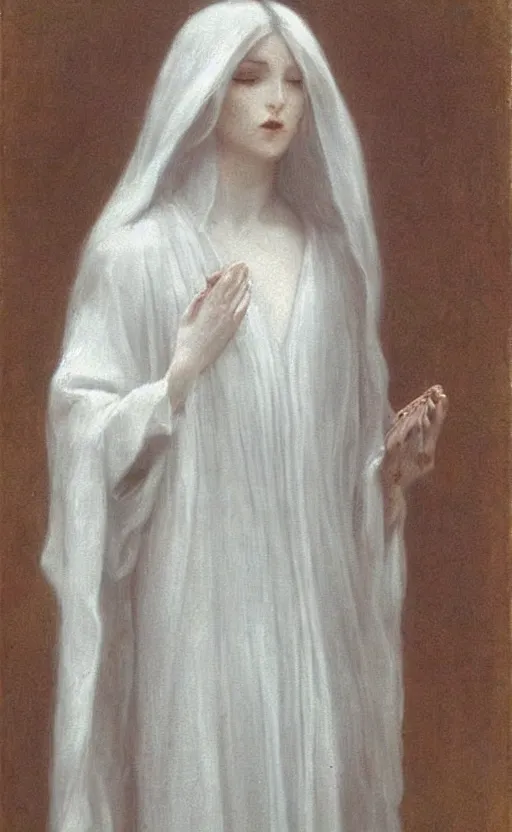 Prompt: say who is this with silver hair so pale and wan! and thin!? female angel, wearing white robes flowing hair, pale fair skin, you g face, silver hair, covered!!, clothed!! lucien levy - dhurmer, fernand keller, oil on canvas, 1 8 9 6, 4 k resolution, aesthetic!, mystery