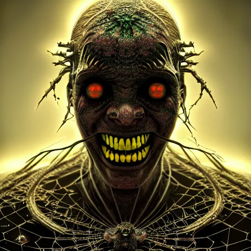 Image similar to cosmic fractal spider joker by giger, au naturel, hyper detailed, digital art, trending in artstation, cinematic lighting, studio quality, smooth render, unreal engine 5 rendered, octane rendered, art style by klimt and nixeu and ian sprigger and wlop and krenz cushart.