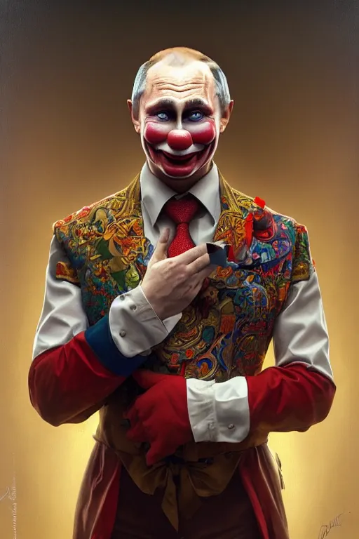 Image similar to vladimir putin as a clown, realistic portrait, symmetrical, highly detailed, digital painting, artstation, concept art, smooth, sharp focus, illustration, cinematic lighting, art by artgerm and greg rutkowski and alphonse mucha