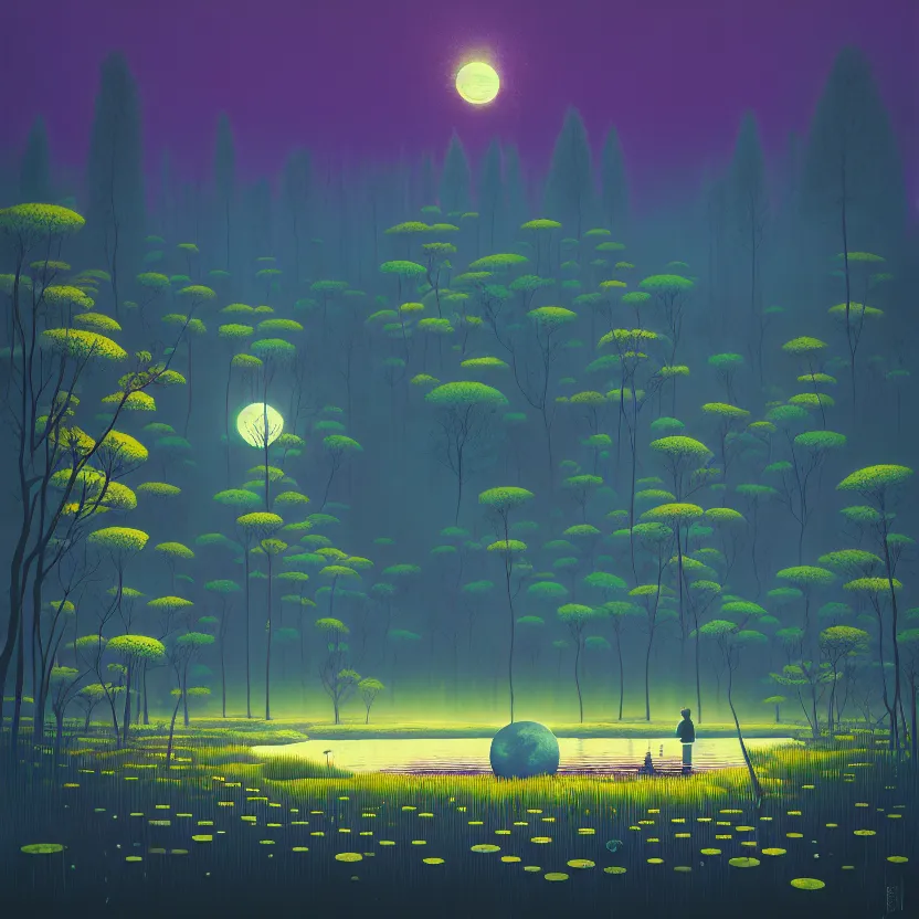 Image similar to ( ( ( gediminas pranckevicius ) ) ), a pond in the forest, moonlight, flower garden summer morning, very coherent and colorful high contrast art by simon stalenhag floralpunk screen printing woodblock, dark shadows, pastel color, hard lighting