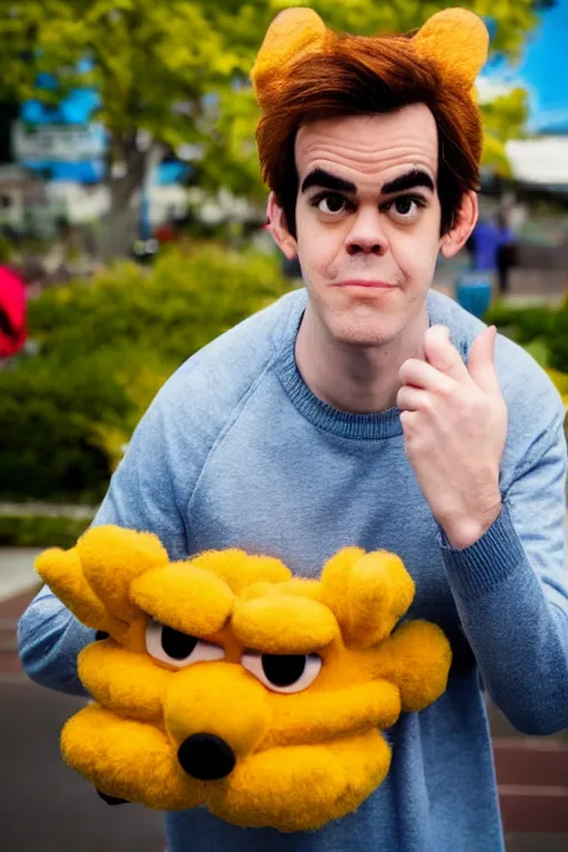 Image similar to portrait of Jacksfilms dressed in Garfield costume, starring in live-action adaptation of the comics, cosplay photograph, shallow depth of field