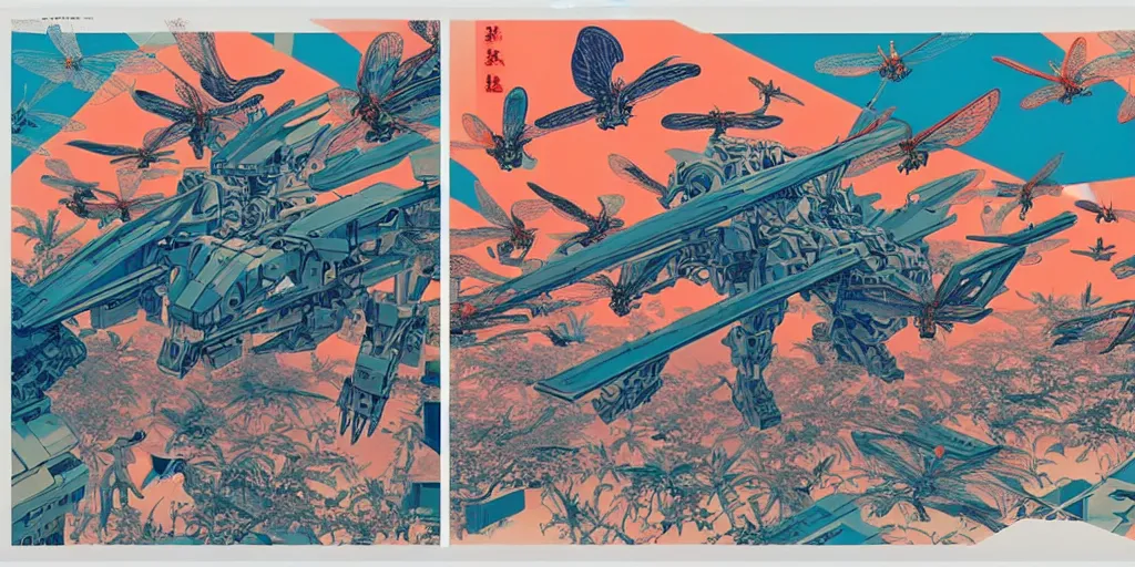 Image similar to risograph rendition, gigantic mecha arzach birds with dragonflies, tiny rats, a lot of exotic animals around, big human faces everywhere, helicopters and tremendous birds, by satoshi kon and moebius, matte bright colors, surreal design, crispy, super - detailed, a lot of tiny details, fullshot