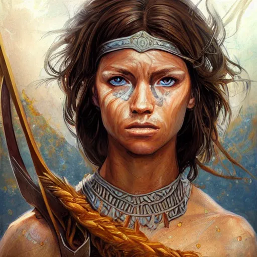 Image similar to highly detailed painting of a warrior goddess with tan skin, blue eyes, and brown hair high fantasy art by jon foster trending on arstation