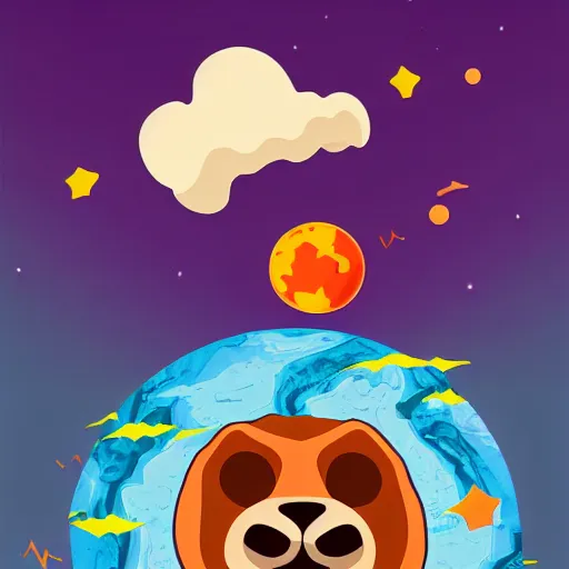 Image similar to cartoon illustration of a bear mascot being launched from a futuristic marble planet, purple and orange cloudland