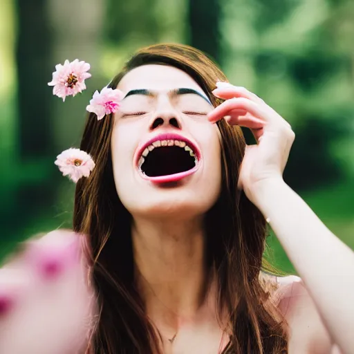 Image similar to , a photo of a beautiful lady with flowers coming out of her mouth 5 0 mm lens, f 1. 4, sharp focus, ethereal, emotionally evoking, head in focus, volumetric lighting, blur dreamy outdoor,