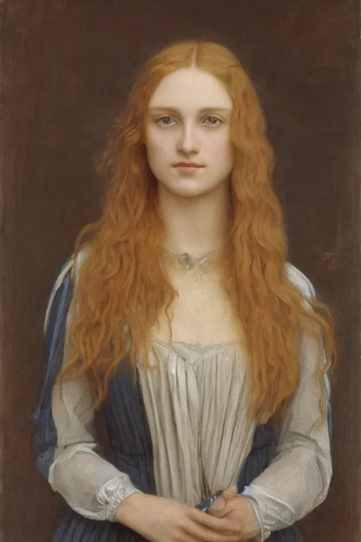 Prompt: Pre-Raphaelite portrait of a young, beautiful female-engineer with blond hair and grey eyes