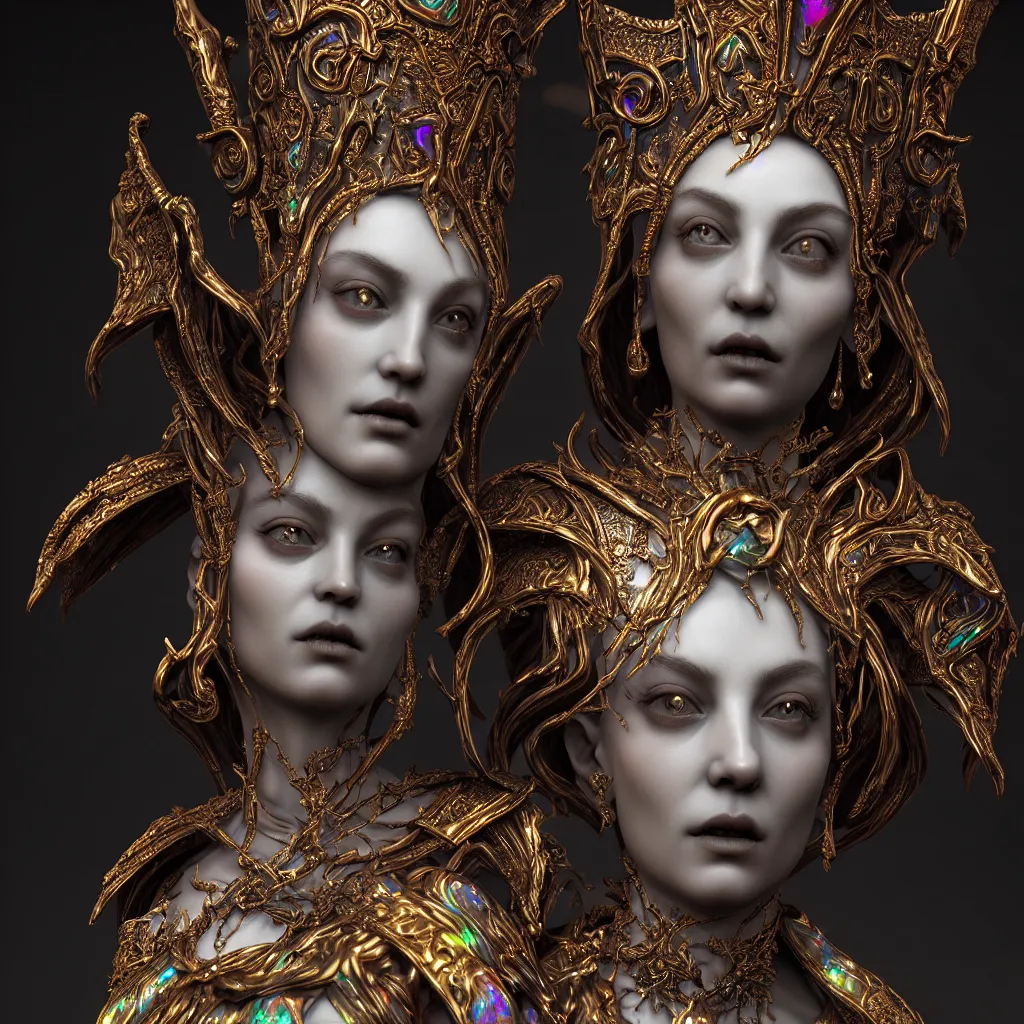 Prompt: a single close up photo - real delicate ceramic porcelain sculpture of an ornate majestic dark necromancer queen by rafael, backlit lighting, translucent, thin porcelain, octane renderer, colorful, physically based rendering,