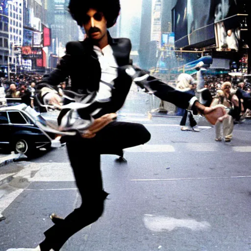 Prompt: An award-winning 1984 photograph of Prince storming through Times Square