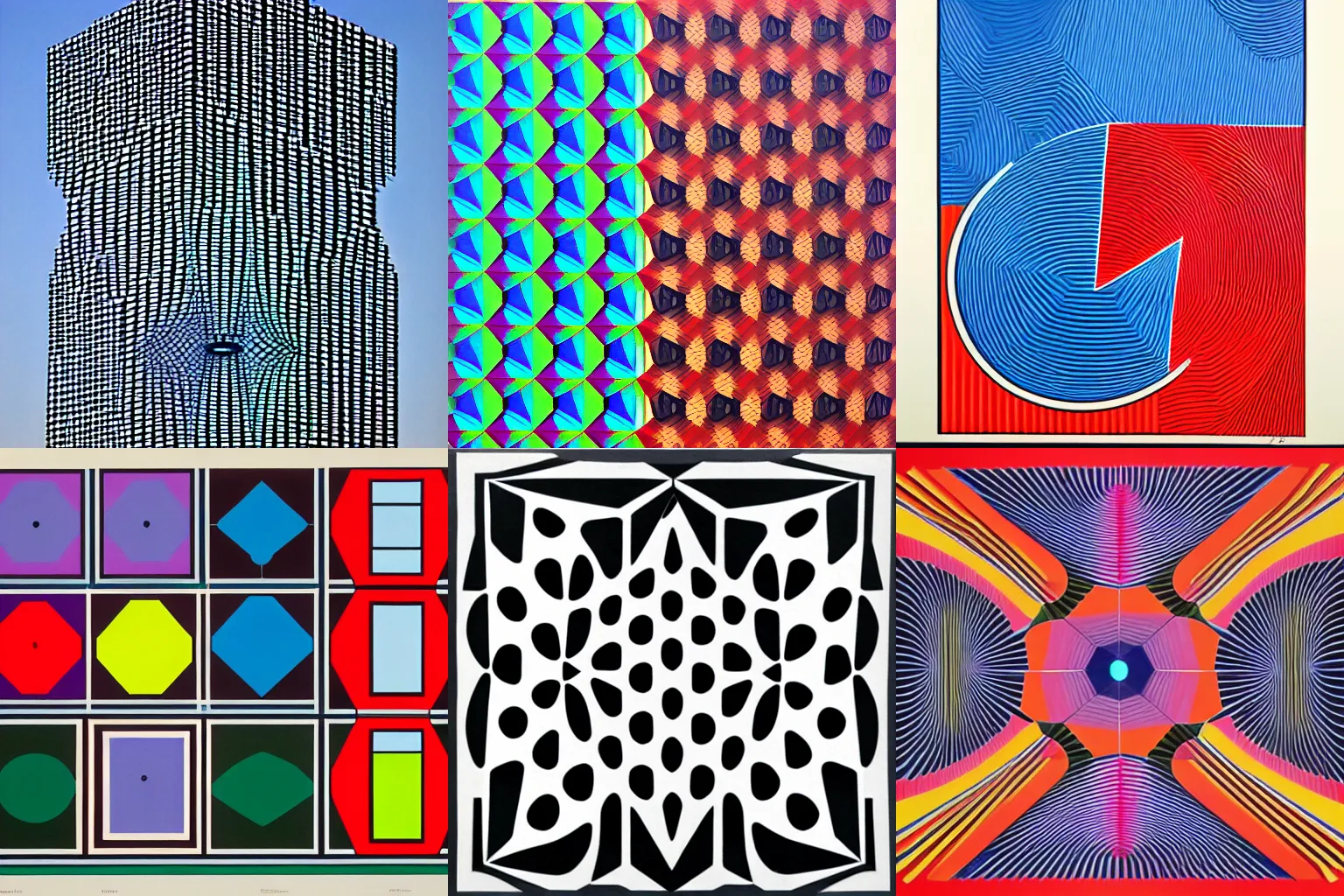 Prompt: artwork of a distinctive and large building and a large visible humanoid in the style of victor vasarely,