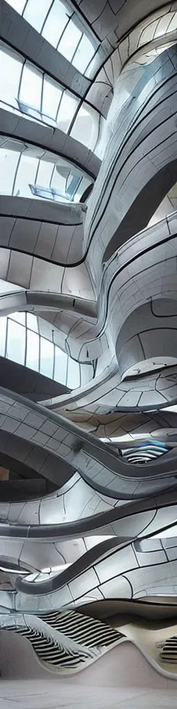 Image similar to “ the interiors of the museum of time designed by zaha hadid and toyo ito, solar punk, clean fluidity architecture ”