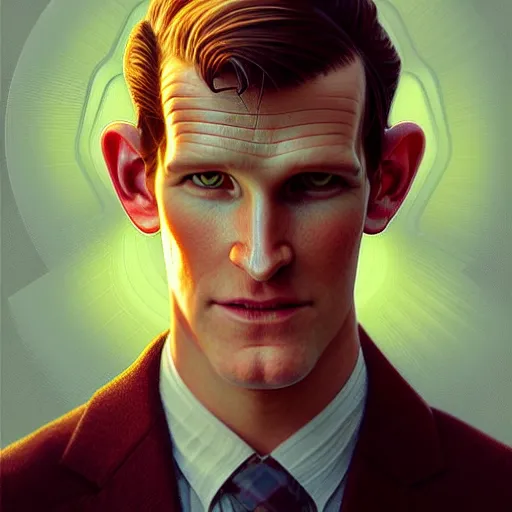 Image similar to symmetry portrait of matt smith, intricate, elegant, highly detailed, digital painting, artstation, concept art, smooth, sharp focus, illustration, art by artgerm and greg rutkowski and alphonse mucha