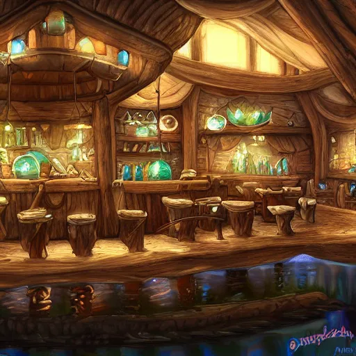 Image similar to wideshot of a magical water themed tavern, highly detailed digital art