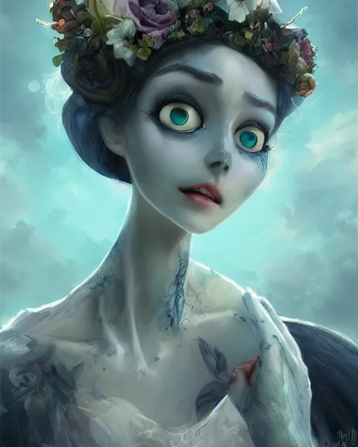 Image similar to elegant mysterious solemn zombie victoria everglot from the corpse bride, portrait, illustration, rim light, top light, summer clear blue sky, perfectly shaded, soft painting, art by krenz cushart and wenjun lin