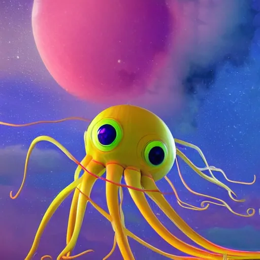 Image similar to large, floating creatures with multiple eyes and long, dangling tentacles float in the atmosphere of a gas giant, surrounded by orange, pink, and purple clouds, ultra detailed, alien worlds, colorful clouds, 3 d render, trending on artstation