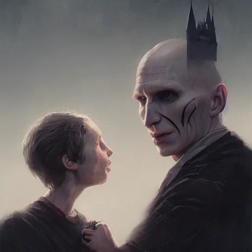 Image similar to portrait of voldemort and harry potter, exudes terror, castle, mysterious breath, spitfire, photography, hyperrealistic, by greg rutkowski, smooth, illustration, elegant, artstation, digital painting.