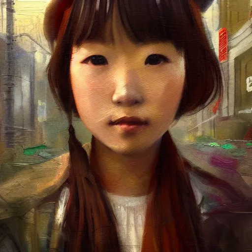 Prompt: a perfect, realistic professional oil painting in impressionism style, of a Japanese schoolgirl posing in a dystopian alleyway, close-up, by a professional American senior artist on ArtStation, a high-quality hollywood-style concept