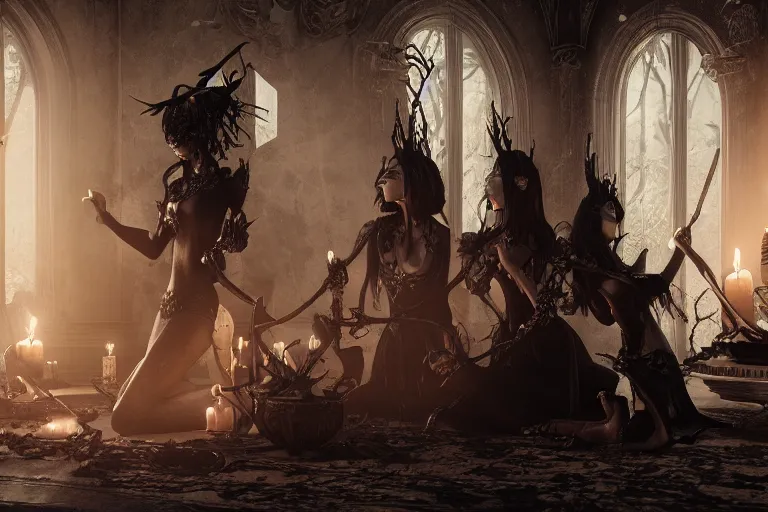 Image similar to dark witches doing a ritual. Ornate details, award winning, Octane render, 4k, 8k, unreal 5, very detailed, hyper control-realism, trending on artstation.”