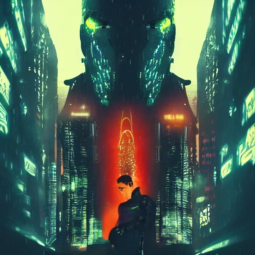 Image similar to blade runner style image of cyberpunk character and his baby dragon