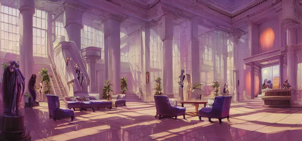 Image similar to vaporwave ombre detailed luxury hotel lobby. highly detailed, digital painting, artstation, concept art, smooth, sharp focus, illustration, ed hopper, chris moore. artgerm, tomasz alen kopera, peter mohrbacher, donato giancola, joseph christian leyendecker, wlop, boris vallejo