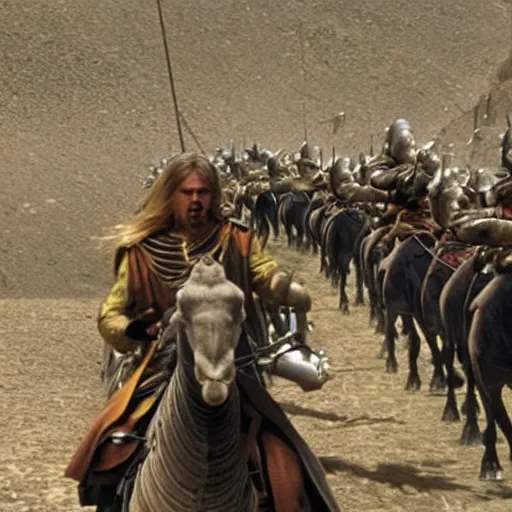 Image similar to the rohirrim riding into battle on camels at minas tirith