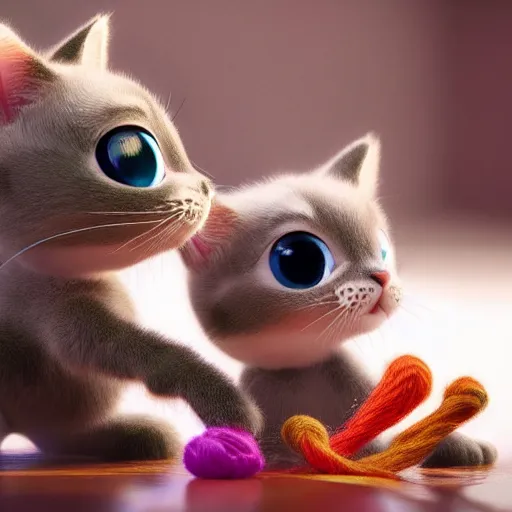 Prompt: miniature closeup of cute kittens playing with yarn, claymation, Pixar animation, visually stunning, 50mm, highly detailed, award-winning, octane render, unreal engine